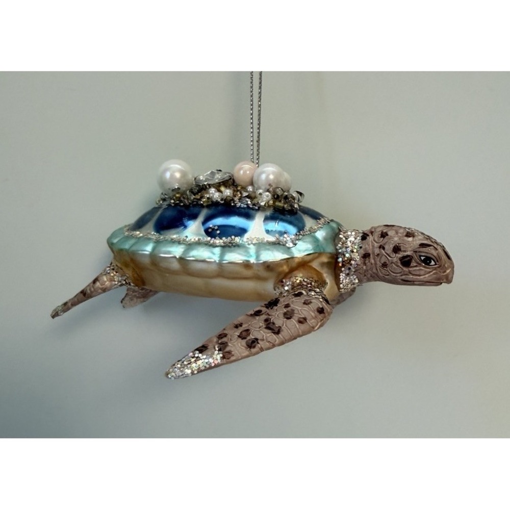 Sea Turtle Jeweled Glass Ornament  Realistic Beach Beaded coastal Sparkle Decor